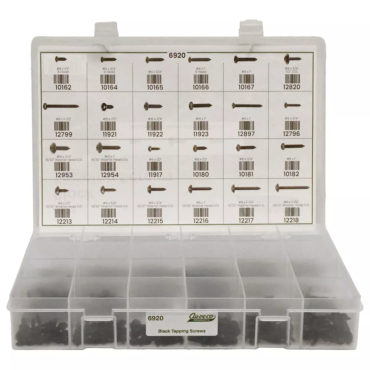 Auveco 6920 Black Tapping Screws Kit, Assorted Sizes, Polypropylene Box