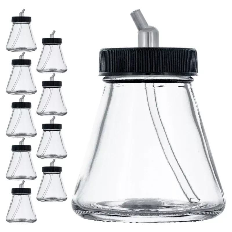 (Pack of 10) TB-010 Empty 2.7-Ounce (80cc) Glass Jar Bottles with 30 Degree Down Angle Adaptor Lid Assembly – Fits Dual-Action Siphon Feed Airbrushes